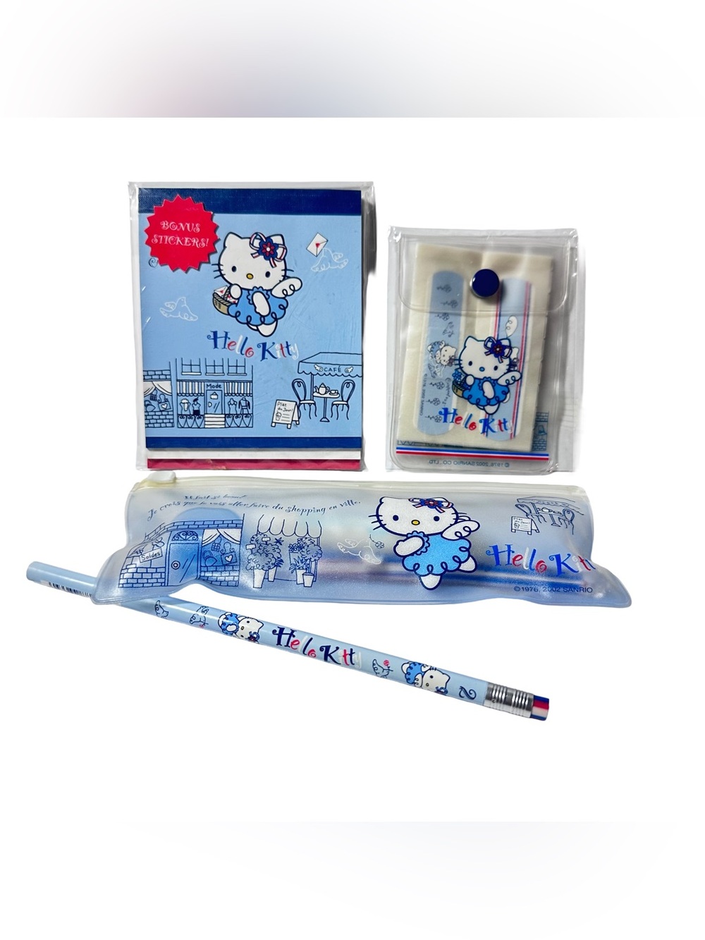 Vintage Sanrio Hello Kitty Blue Angel French Cafe Lot Pencil Toothbrush 2002